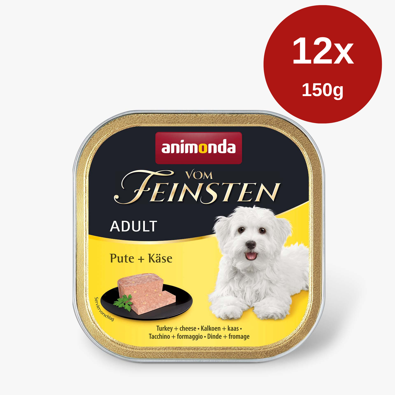 Hrana umeda pentru caini Vom Feinsten Curcan + Branza 12 x 150 gr