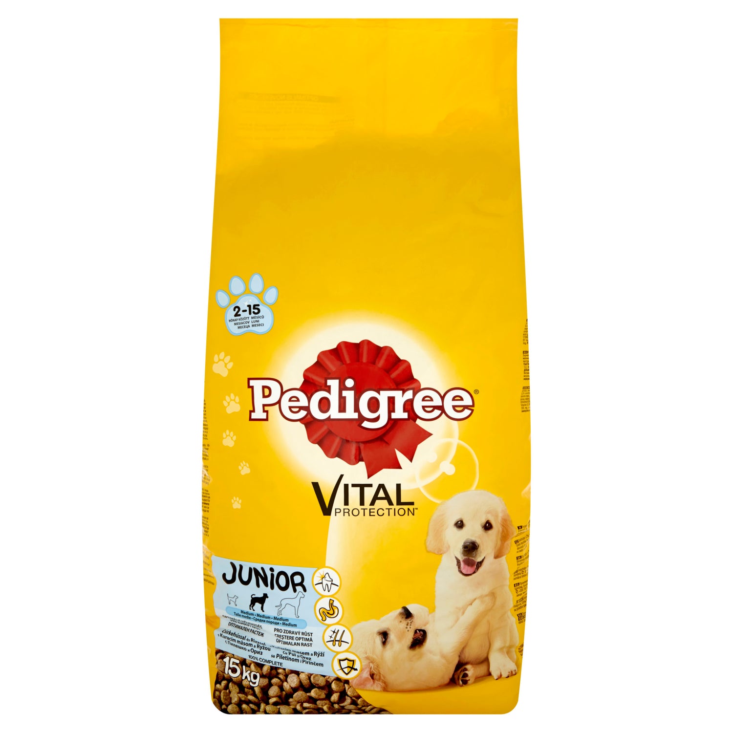 Mancare uscata pentru caini Pedigree Junior Vital Protection cu pui si orez - talie medie 15 kg