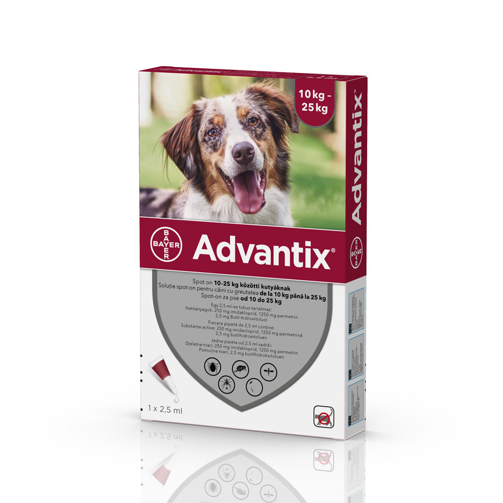 Pipetă antiparazitară Advantix pentru câini de la 10 kg până la 25 kg