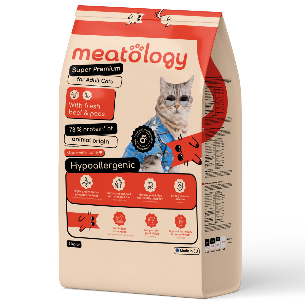Hrana uscata Meatology pentru Pisici Adulte Super Premium Hipoalergenica cu Carne Proaspata - Vită si Mazăre 9 Kg