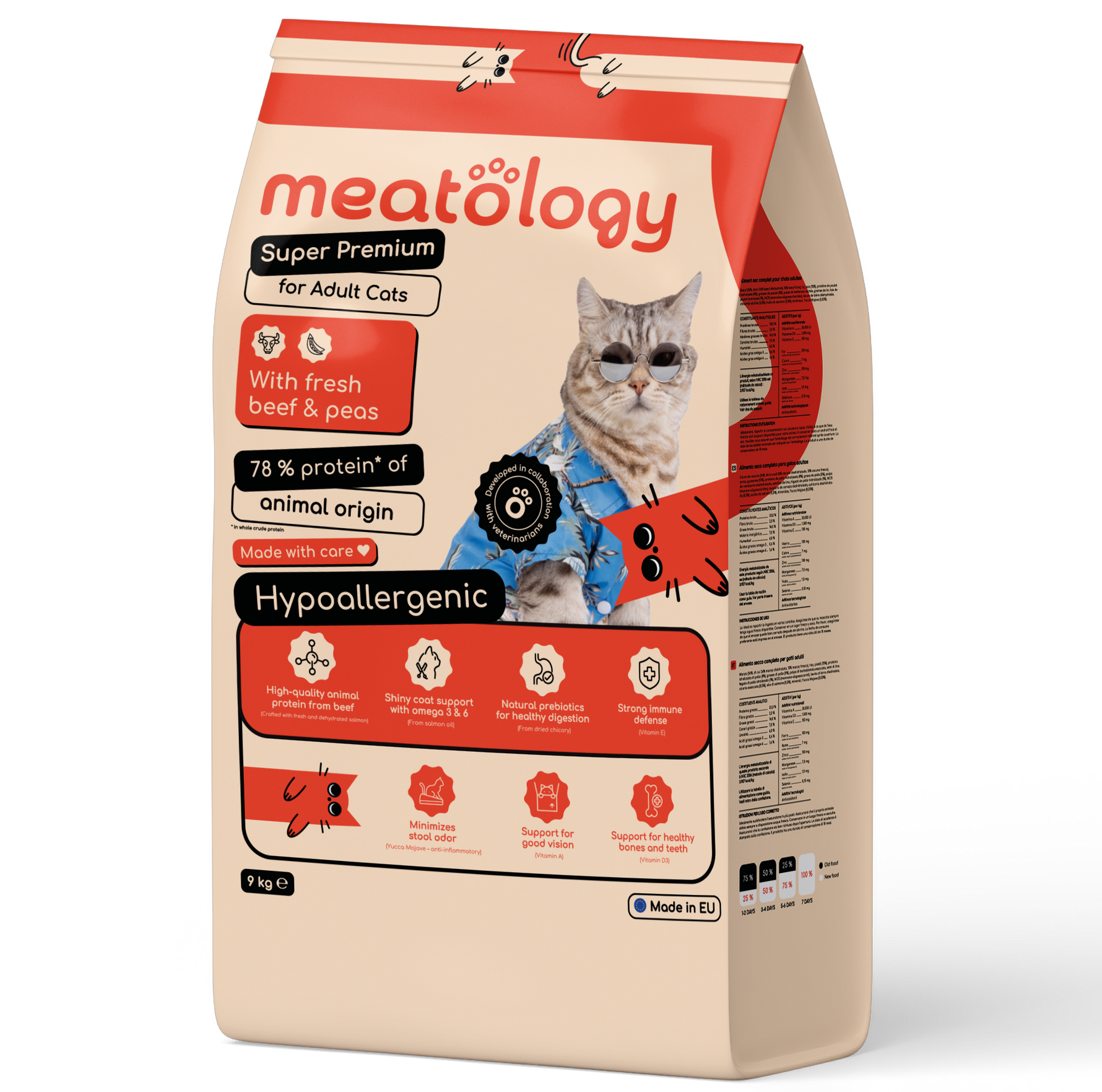 Hrana uscata Meatology pentru Pisici Adulte Super Premium Hipoalergenica cu Carne Proaspata - Vită si Mazăre 9 Kg