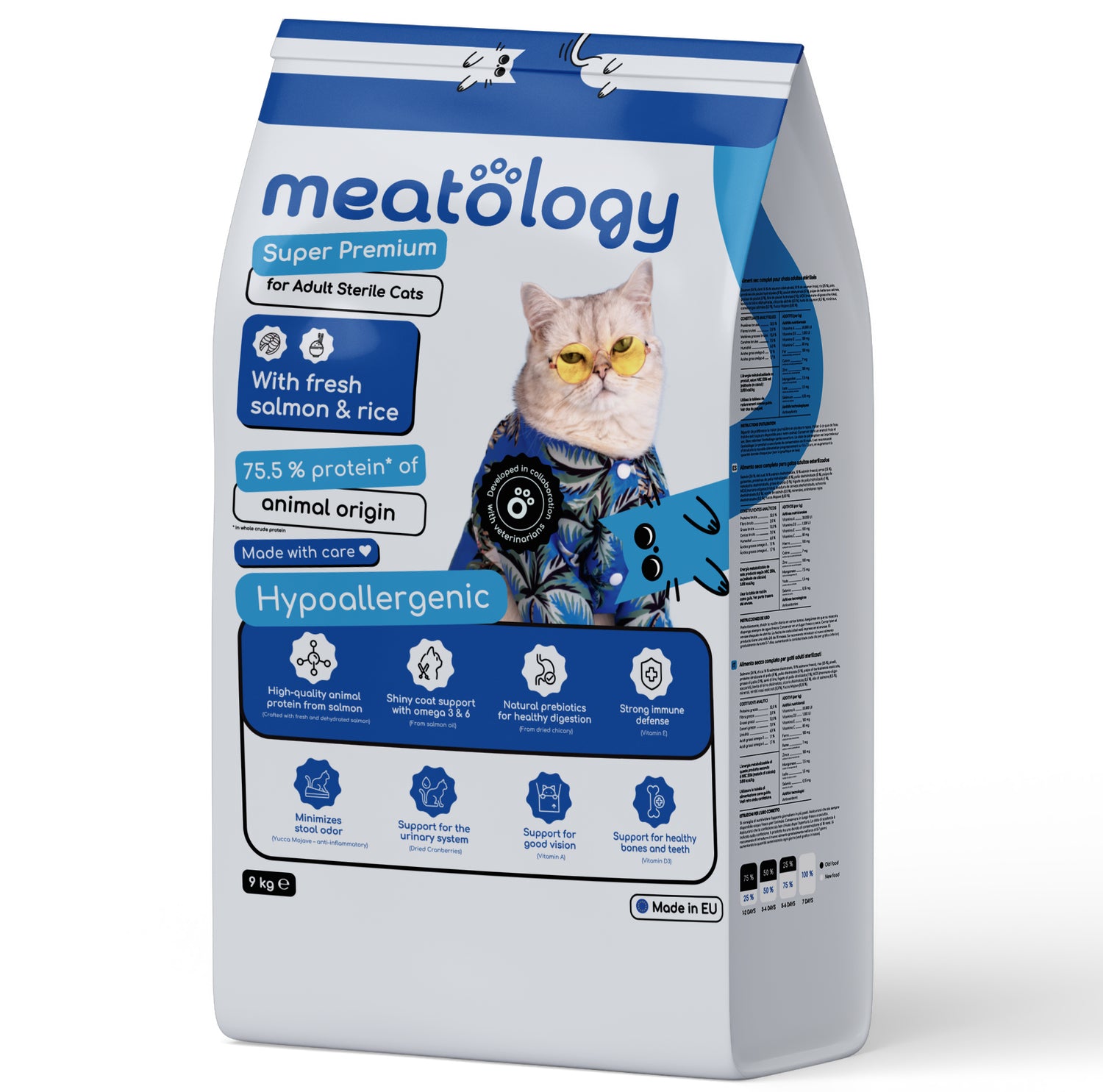 Hrana uscata Meatology pentru Pisici Adulte Sterile Super Premium Hipoalergenica cu Carne Proaspata- Somon si Orez 9 Kg