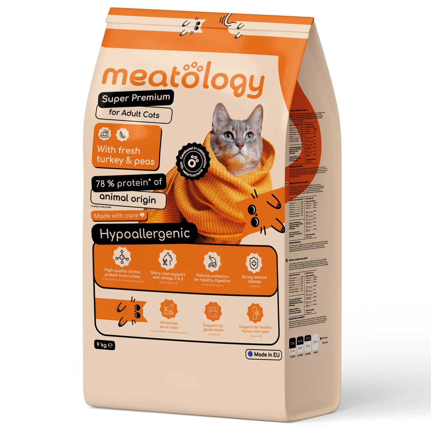 Hrana uscata Meatology pentru Pisici Adulte Super Premium Hipoalergenica cu Carne Proaspata - Curcan si Mazăre 9 Kg