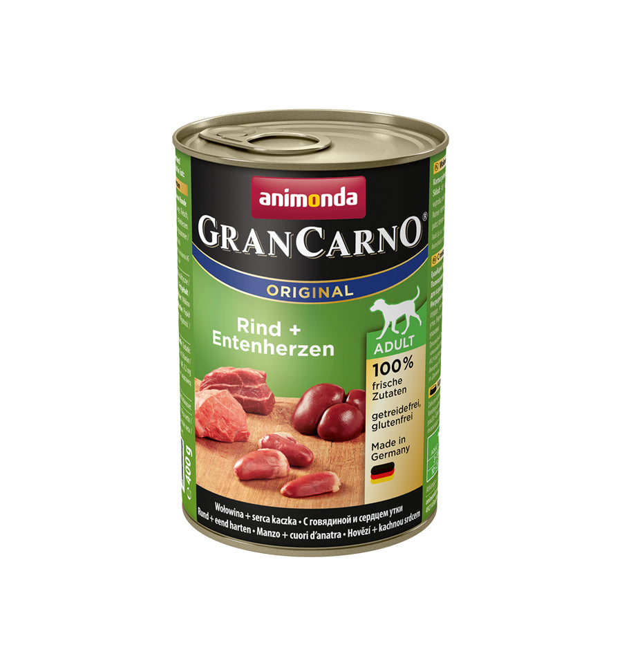 Mancare umeda pentru caini GranCarno Adult Dog Vita + Inima Rata 400 gr