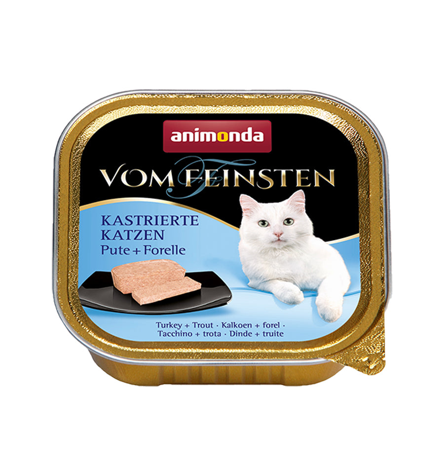 Hrana umeda pentru pisici Vom Feinsten Castrate Pastrav + Curcan 100g