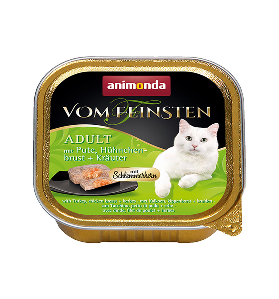 Hrana umeda pentru pisici Vom Feinsten Curcan + Piept de pui + Ierburi 100g