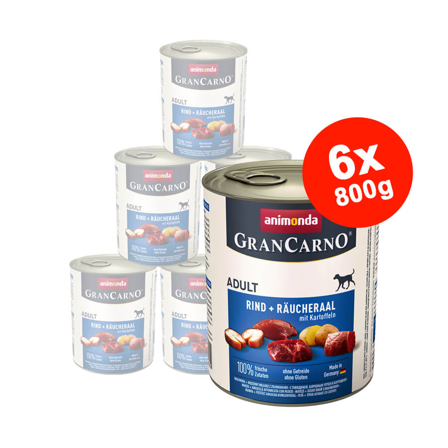 Hrana umeda pentru caini GranCarno Adult Tipar afumat + Cartofi 6x800gr
