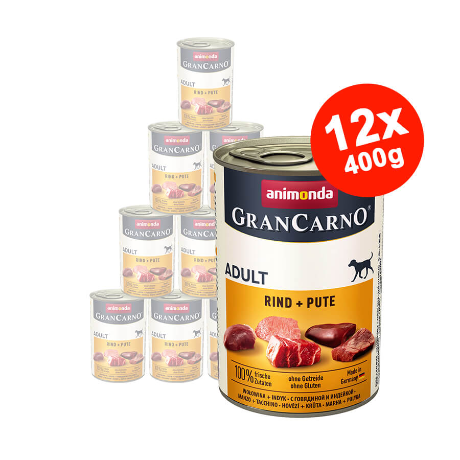 Hrana umeda pentru caini GranCarno Adult, Vita + Curcan, 12×400 gr