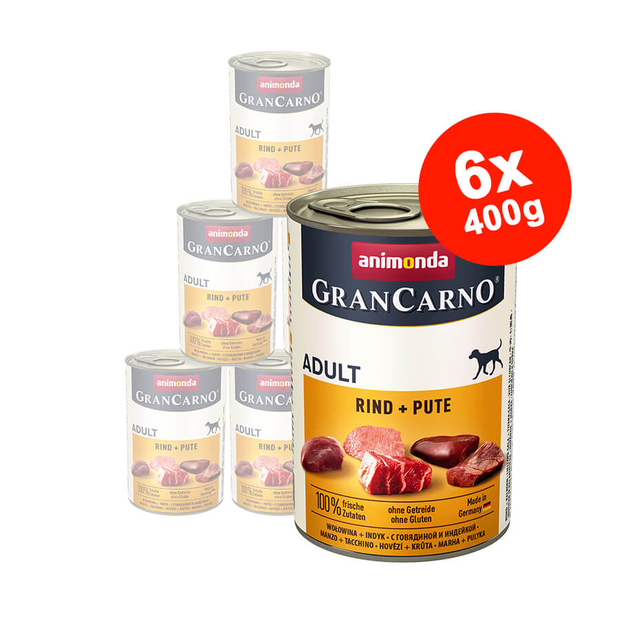 Hrana umeda pentru caini GranCarno Adult, Vita + Curcan, 6×400 gr