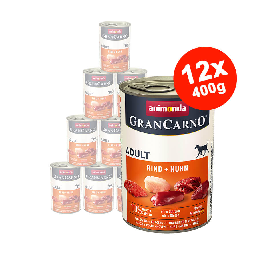 Mancare umeda pentru caini GranCarno Junior, Vita + Pui, 12×400 gr