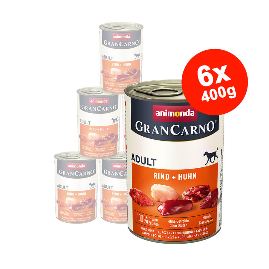 Hrana umeda pentru caini GranCarno Adult, Vita si Pui, 6×400 gr