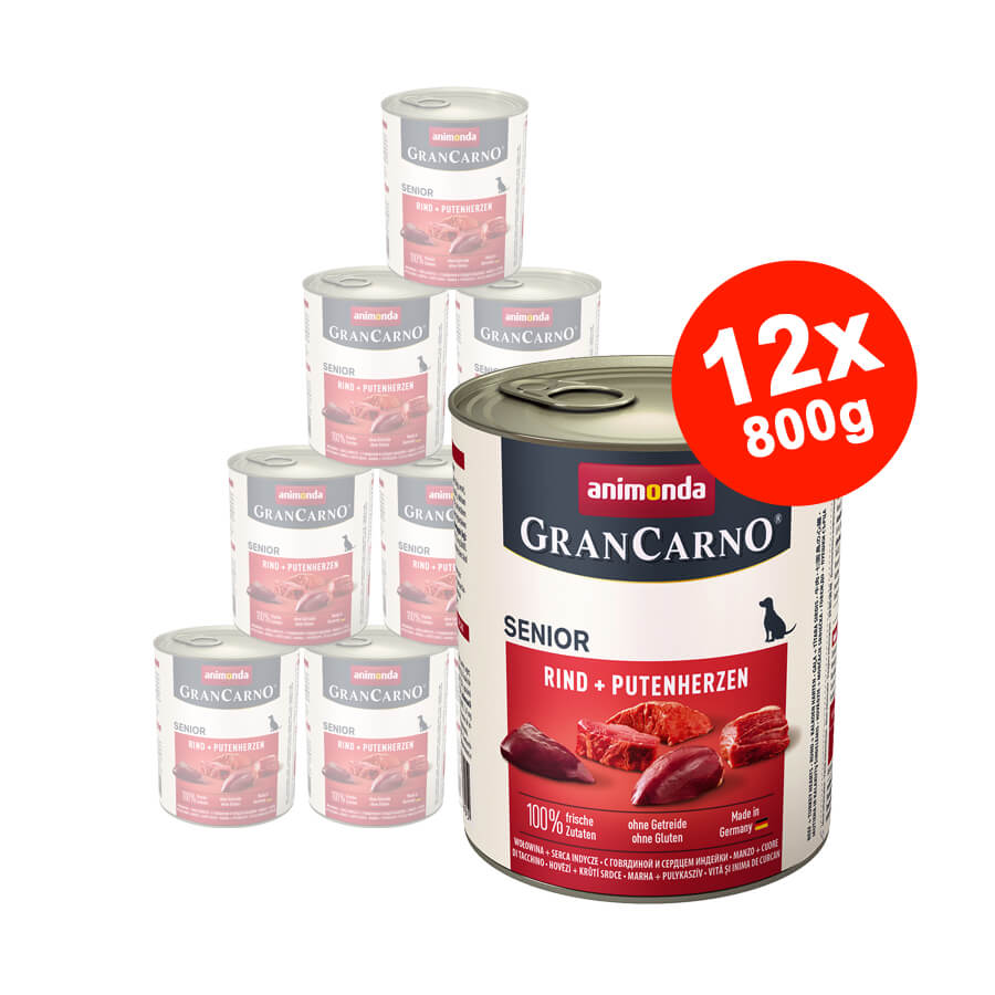 Hrana umeda pentru caini GranCarno Senior, Pui + Inima Curcan, 12x800 gr