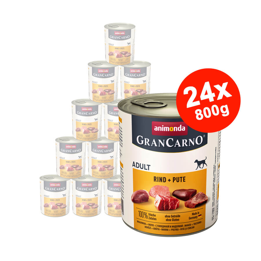 Hrana umeda pentru caini Grancarno Adult, Vita + Curcan, 24×800 gr