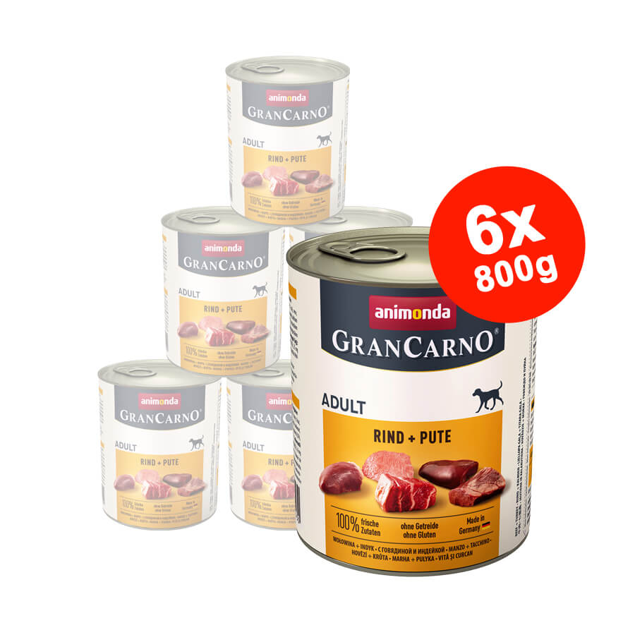 Hrana umeda pentru caini Grancarno Adult, Vita + Curcan, 6×800 gr