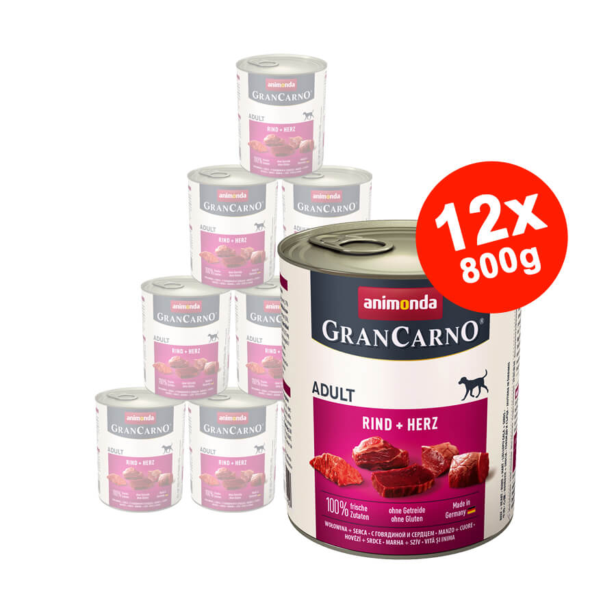 Hrana umeda pentru caini Grancarno Adult, Vita Inima, 12×800 gr
