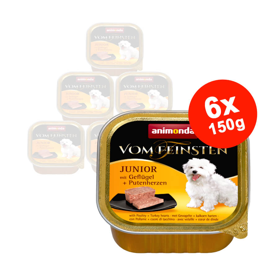 Hrana umeda pentru caini Vom Feinsten Junior Pasare + Inima Curcan 6x150 gr