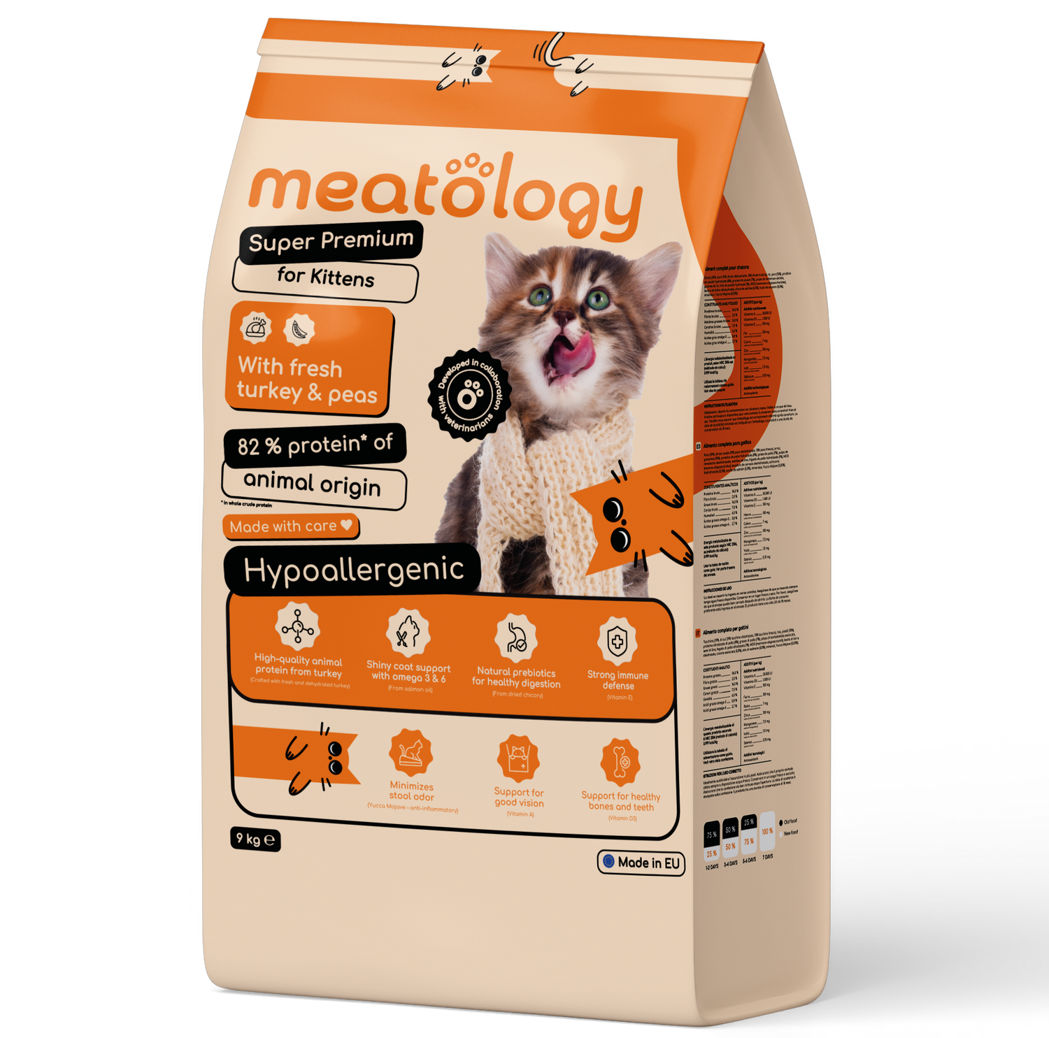 Hrana uscata Meatology pentru Pisici Kitten Super Premium Hipoalergenica cu Carne Proaspata - Curcan si Mazare 9 Kg