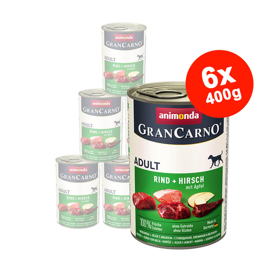 Mancare umeda pentru caini GranCarno Adult, Caprioara + Mar, 6×400 gr