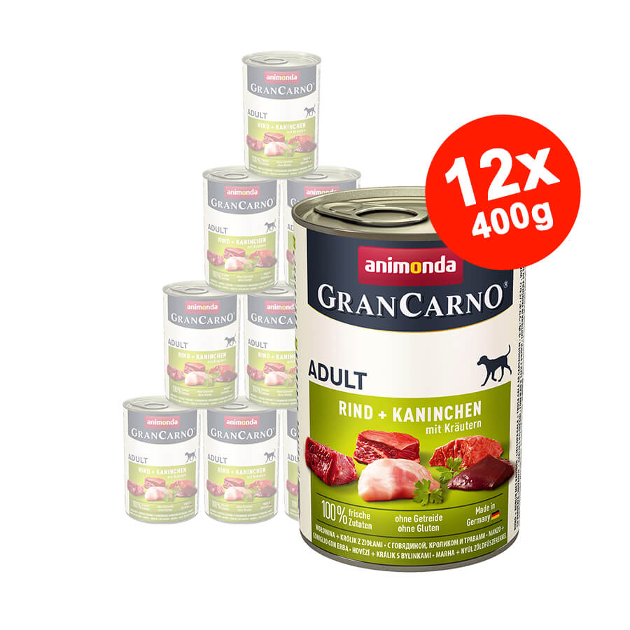 Mancare umeda pentru caini GranCarno Adult, Iepure + Verdeata, 12x400gr