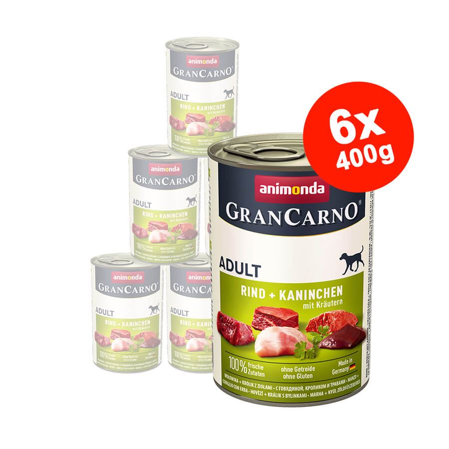 Mancare umeda pentru caini GranCarno Adult, Iepure + Verdeata, 6x400gr