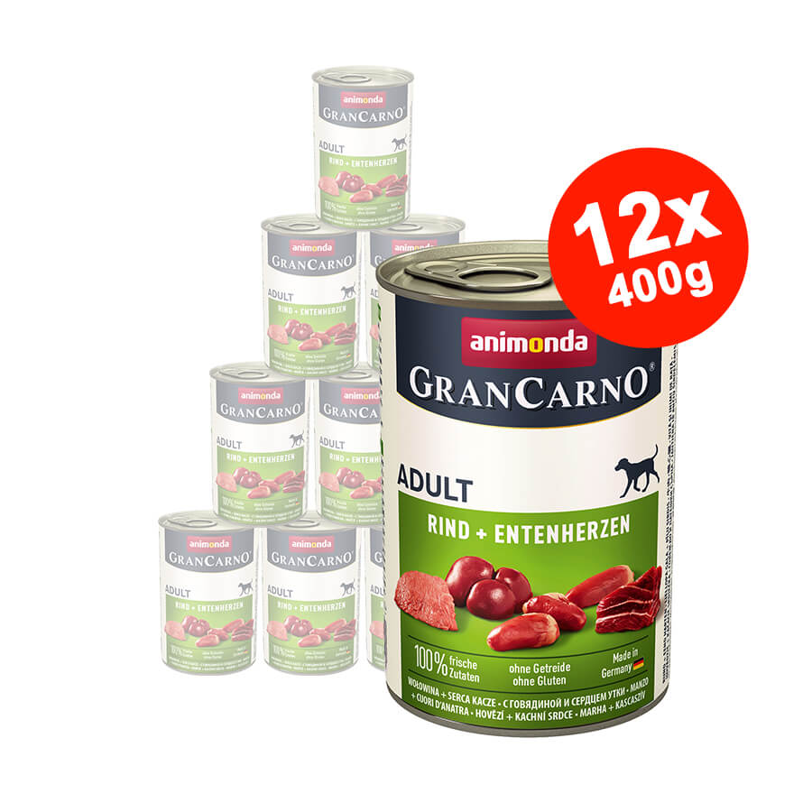 Mancare umeda pentru caini GranCarno Adult, Vita + Inima Rata, 12x400gr
