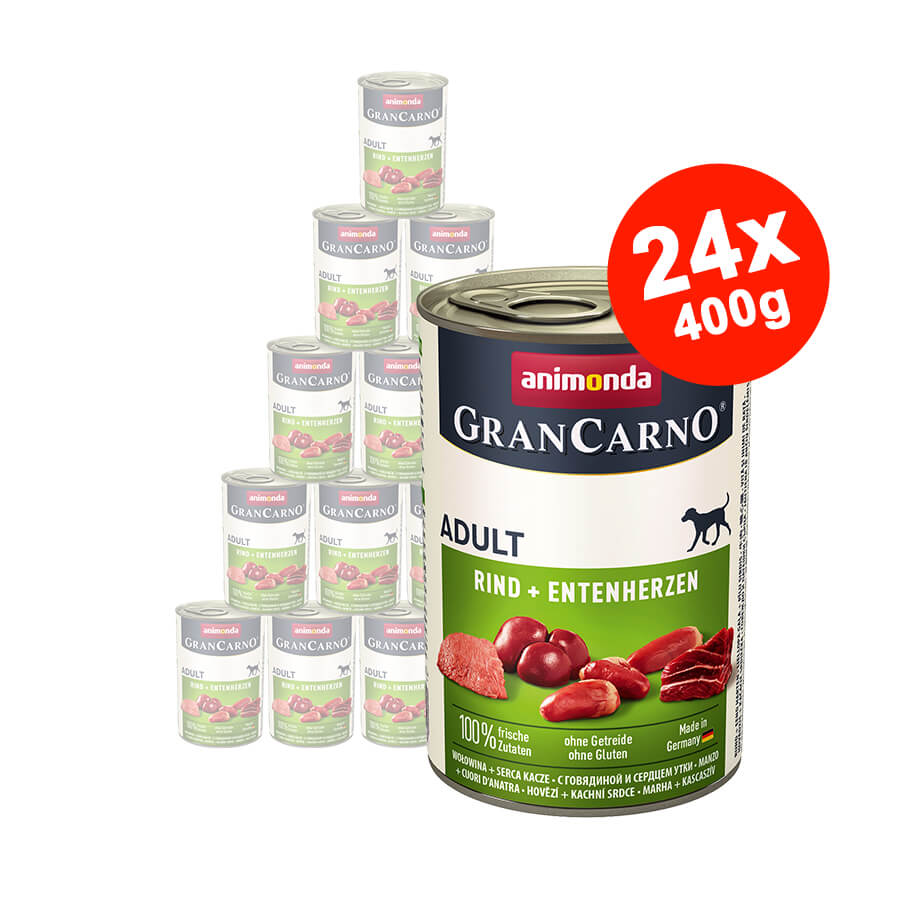 Mancare umeda pentru caini GranCarno Adult, Vita + Inima Rata, 24x400gr