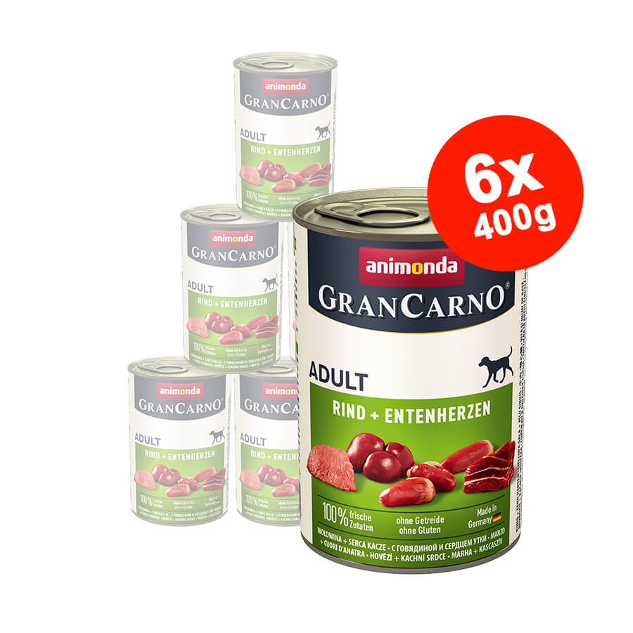 Mancare umeda pentru caini GranCarno Adult, Vita + Inima Rata, 6x400gr