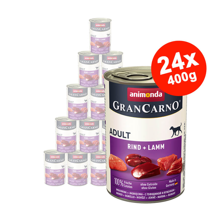 Mancare umeda pentru caini GranCarno Adult, Vita + Miel, 24x400 gr