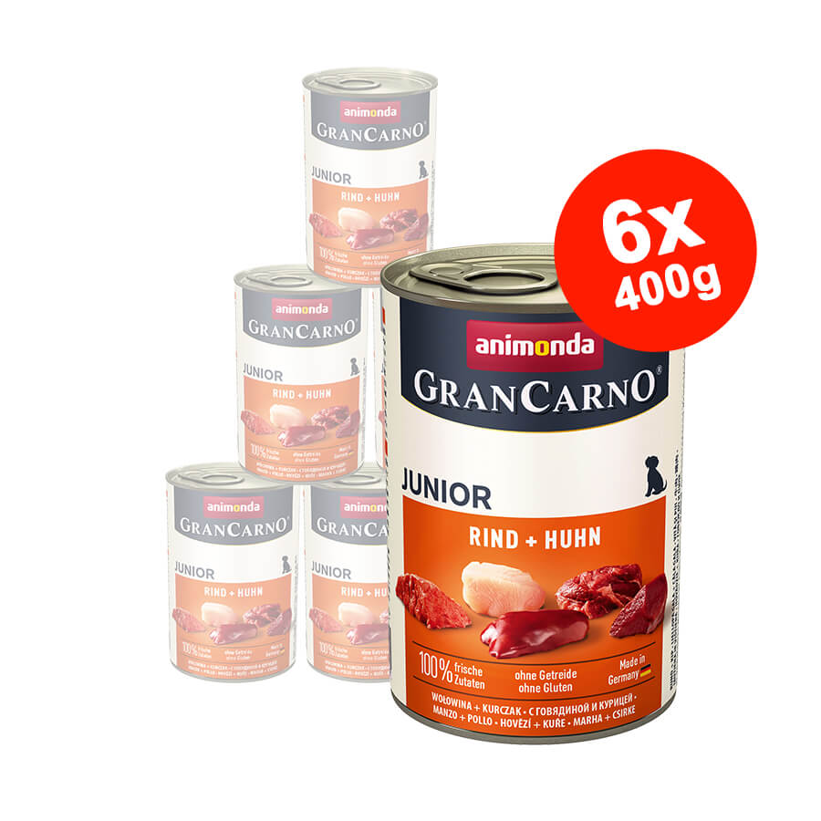 Mancare umeda pentru caini GranCarno Junior, Vita + Pui, 6×400 gr