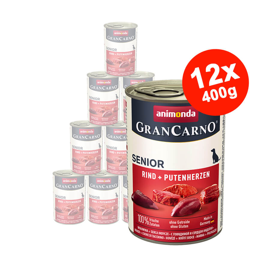 Mancare umeda pentru caini GranCarno Senior, Vita + Pui + Inima Curcan, 12x400 gr