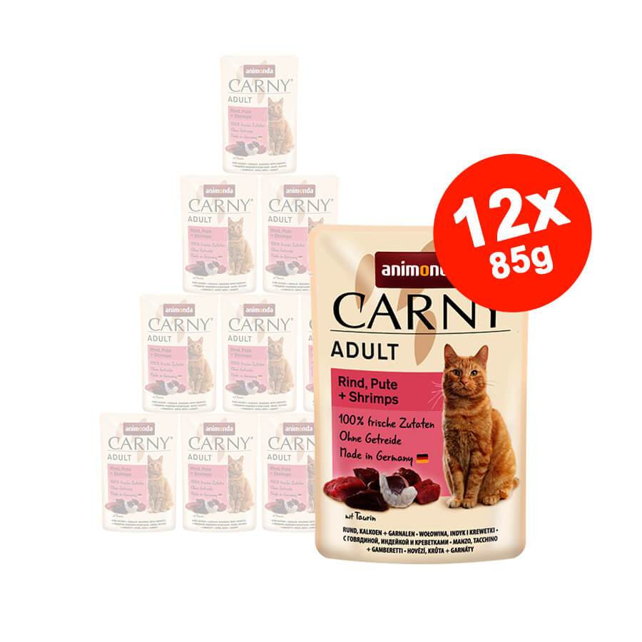 Mancare umeda pentru pisici Carny Adult, Vita + Curcan + Creveti, 12x85g