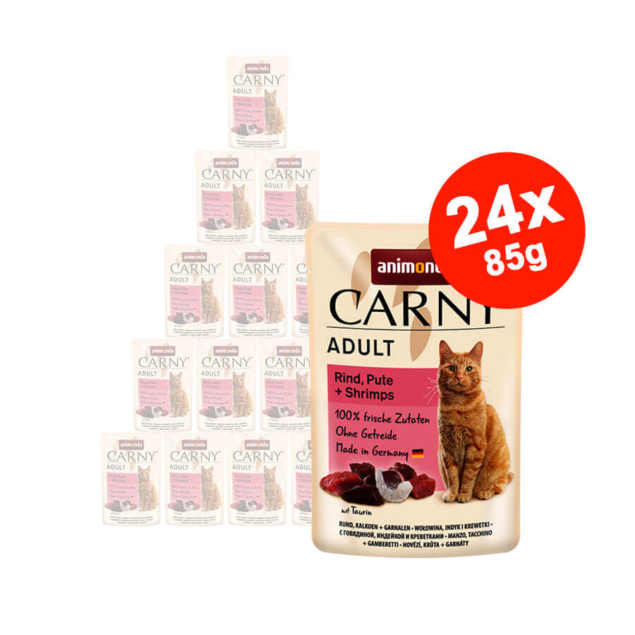 Mancare umeda pentru pisici Carny Adult, Vita + Curcan + Creveti, 24x85gr