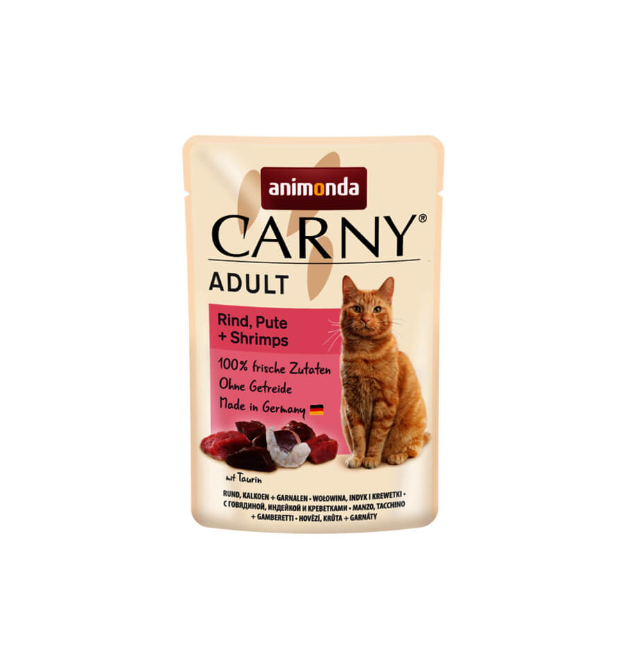 Mancare umeda pentru pisici Carny Adult, Vita + Curcan + Creveti, 85g