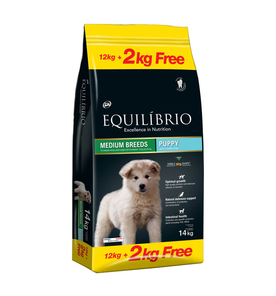 Mancare uscata pentru caini Equilibrio, Junior, Talie Medie, 12 + 2kg