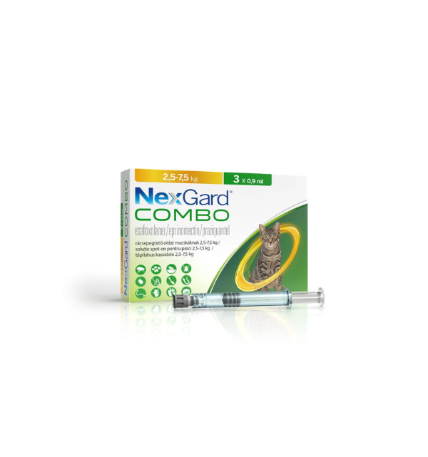 NexGard Combo, Solutie spot-on pentru pisici 2,5-7,5 kg, 3 x 0,9 ml