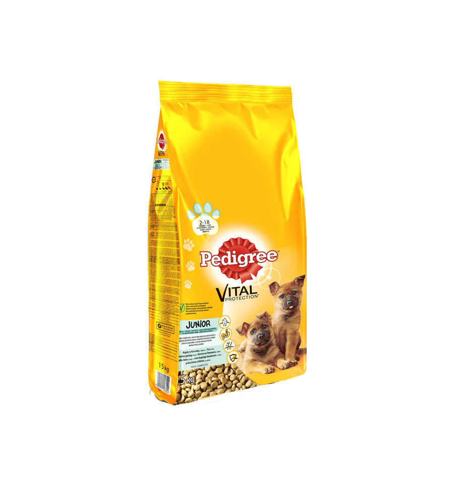 Mancare uscata pentru caini Pedigree Junior Vital Protection cu pui si orez - talie mare 15 kg