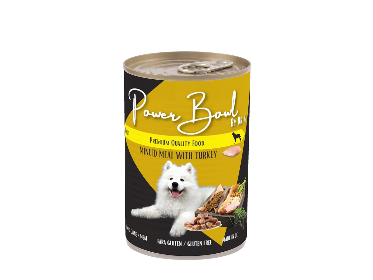 Mancare umeda pentru caini Power Bowl by Dr. G. - Bucati Carne cu Curcan 800 gr