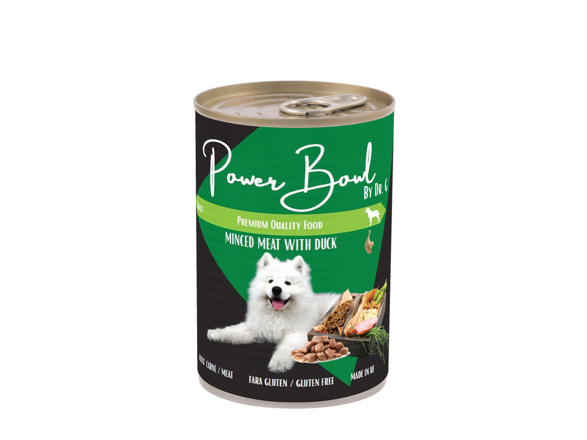Mancare umeda pentru caini Power Bowl by Dr. G. - Bucati Carne cu Rata 800 gr
