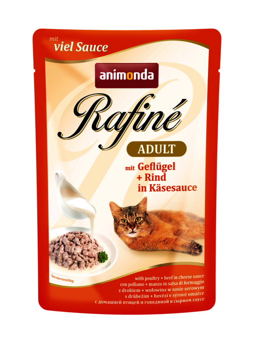 Hrana umeda pentru pisici Rafine Pui si Vita in sos de Branza 100g