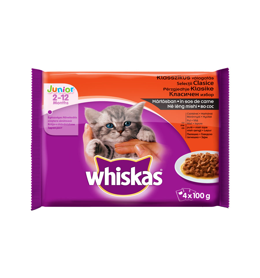 Whiskas hrana umeda pentru pisici junioare, selectii clasice in sos de carne 400 g