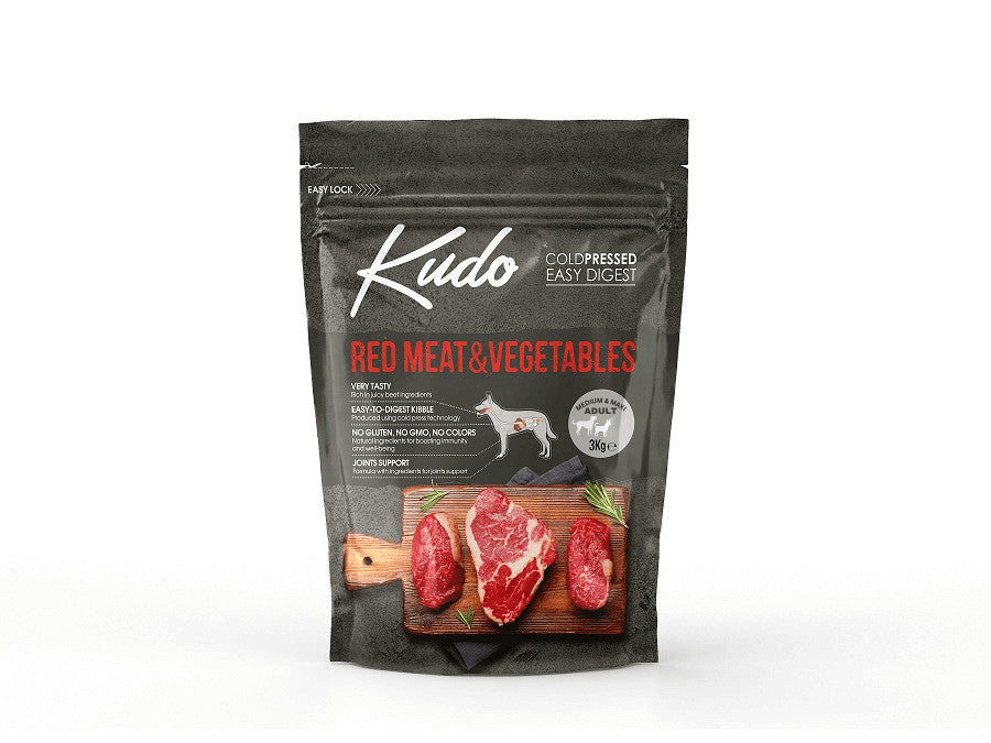 Kudo Adult Mediu-Maxi - Hrana uscata, presata la rece - Carne rosie si Legume - 3kg