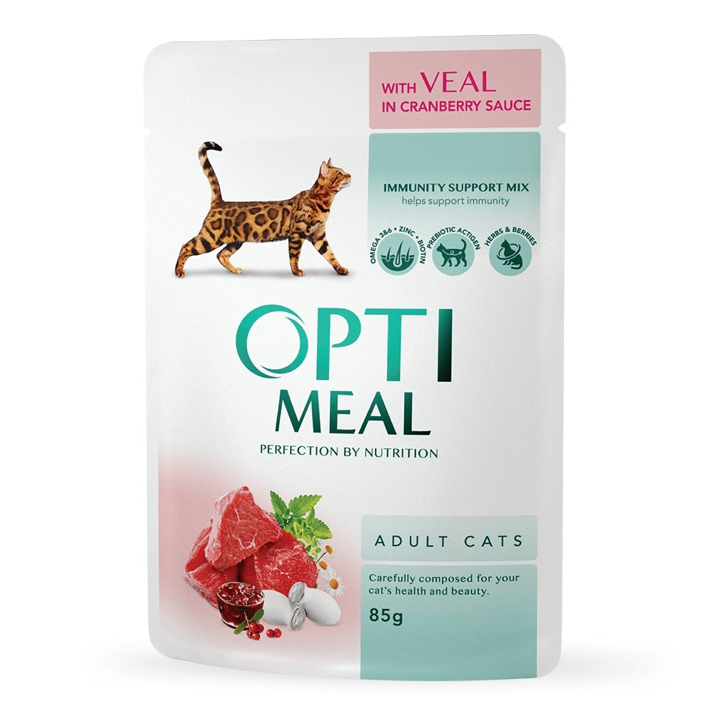 Optimeal Cat - Hrana umeda super-premium - Vitel si Merisoare - 24 x 85g