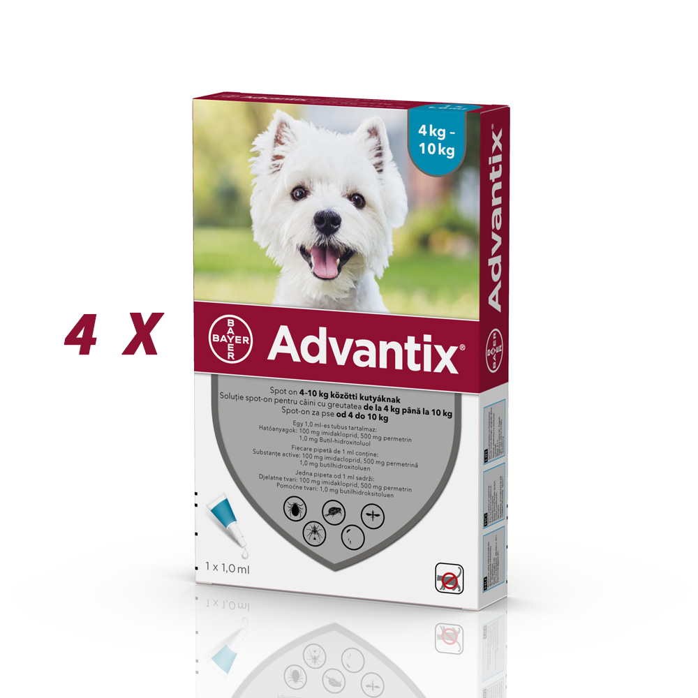Set 4 pipete antiparazitare Advantix, pentru câini de la 4 kg până la 10 kg