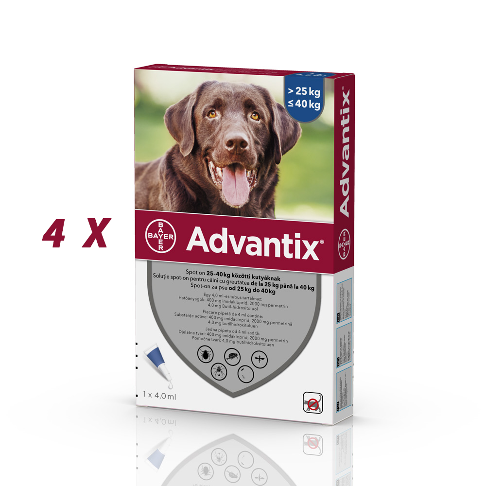 Set 4 pipete antiparazitare Advantix, pentru câini de la 25 kg până la 40 kg