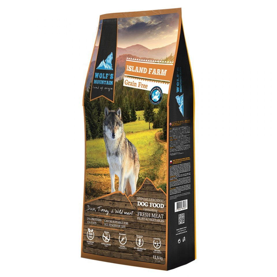 Wolf’s Mountain Island Farm - Carne de Rata, Curcan & Vanat si Fructe & Legume - 2kg - Hrana completa super-premium, hipoalergenica
