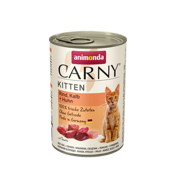 Hrana umeda pentru pisici Carny Kitten, Vita + Vitel + Pui, 400g Anima Land