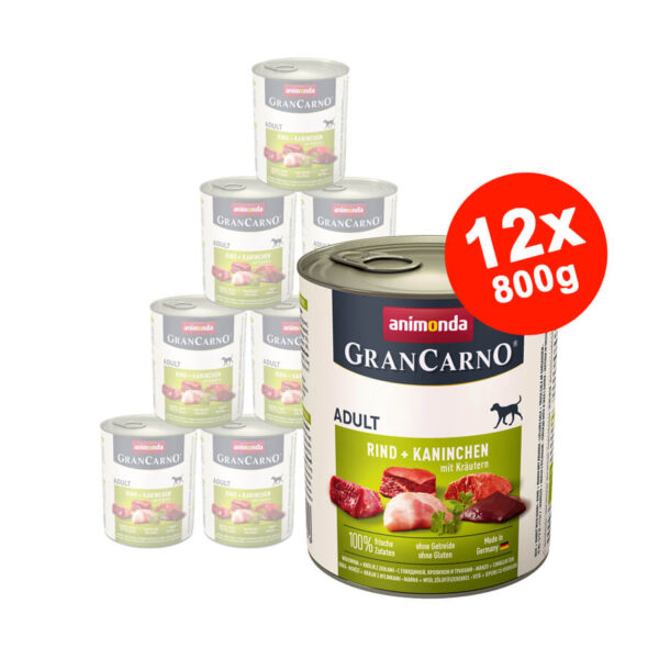 Hrana umeda pentru caini Grancarno Adult, Iepure + Verdeata, 12×800 gr Anima Land